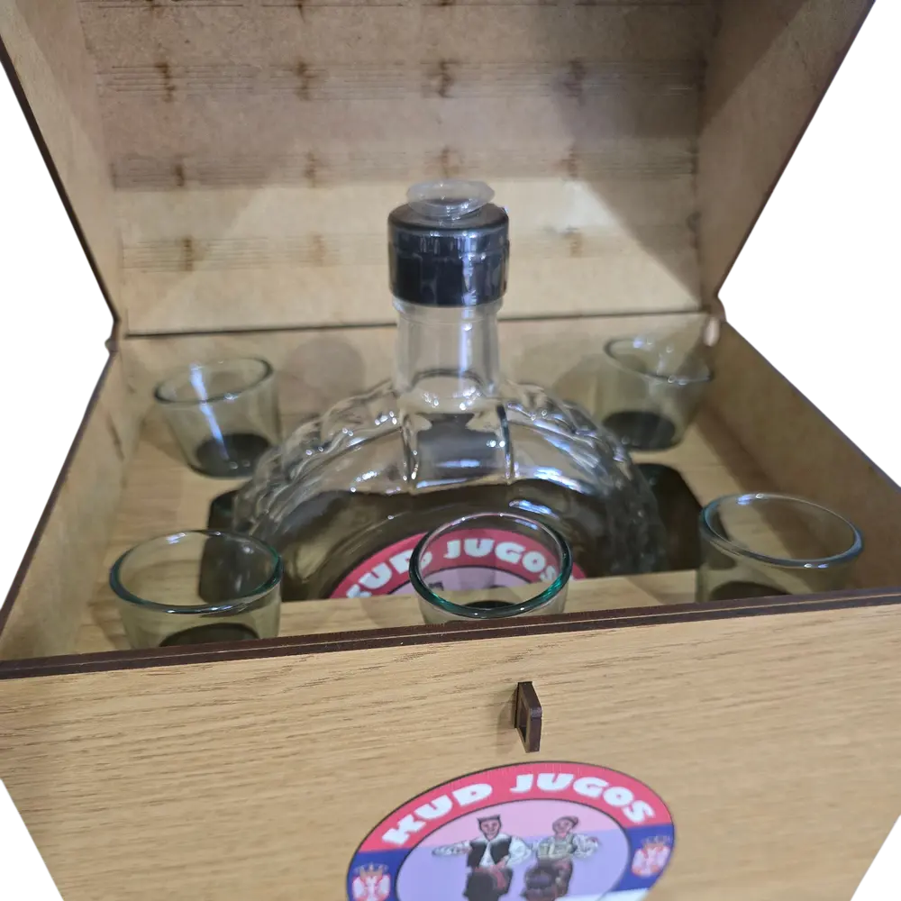 Drveni "Koferče" Set – Flaša i 6 Čašica - slika 4
